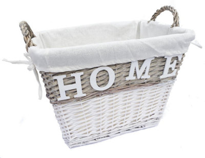 Strong Deep White Wicker Storage Home Log Hamper Laundry Basket Handles Lined Medium: 45x31x37cm