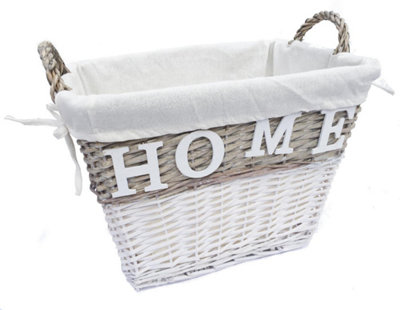Strong Deep White Wicker Storage Home Log Hamper Laundry Basket Handles Lined Medium: 45x31x37cm