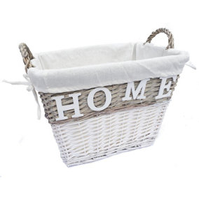 Strong Deep White Wicker Storage Home Log Hamper Laundry Basket Handles Lined Medium: 45x31x37cm