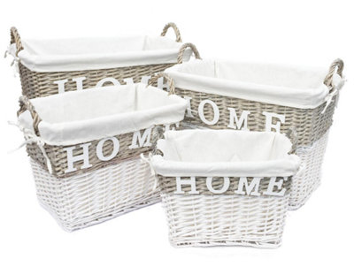 Strong Deep White Wicker Storage Home Log Hamper Laundry Basket Handles Lined Set S,M,L,XL