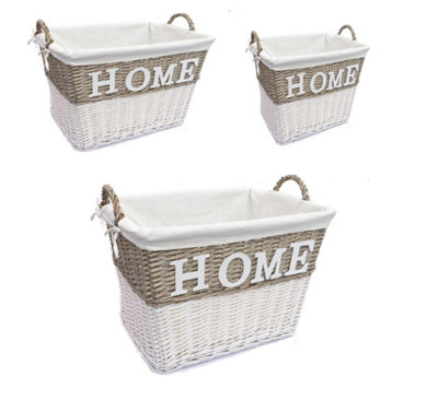 Strong Deep White Wicker Storage Home Log Hamper Laundry Basket Handles Lined Set S,M,L