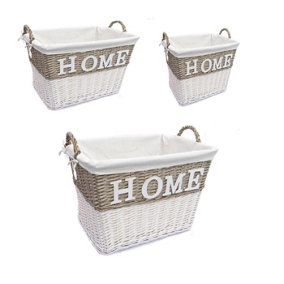 Strong Deep White Wicker Storage Home Log Hamper Laundry Basket Handles Lined Set S,M,L