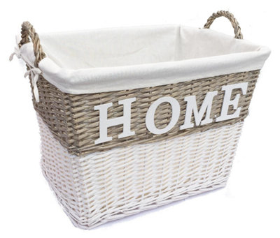 Strong Deep White Wicker Storage Home Log Hamper Laundry Basket Handles Lined XL 61 x 46 x 49cm