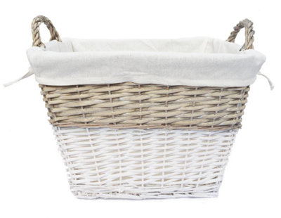 Strong Deep White Wicker Storage Home Log Hamper Laundry Basket Handles Lined XL 61 x 46 x 49cm