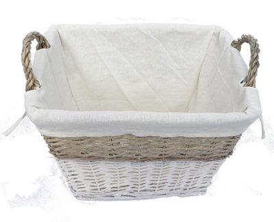 Strong Deep White Wicker Storage Home Log Hamper Laundry Basket Handles Lined XL 61 x 46 x 49cm