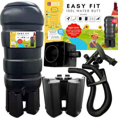 Strong Traditional Black 100L Barrel Water Butt Rain Water Collector Including Lid, Tap, Stand & Filler Kit