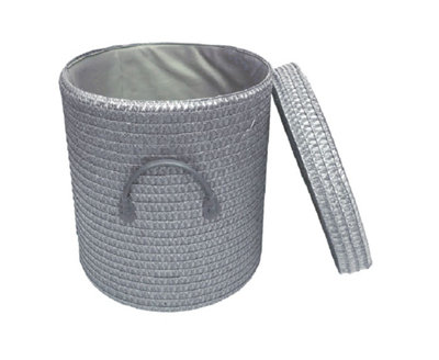 Strong Woven Round Lidded Laundry Storage Basket Bin Lined PVC Handle Dark Grey,Large 35 x 37 cm lrg