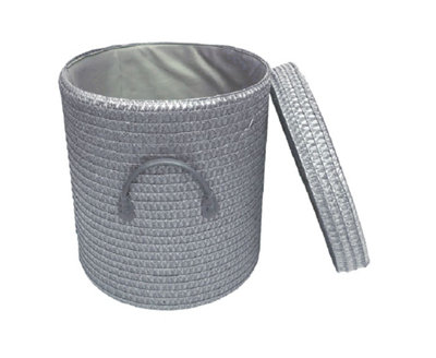 Strong Woven Round Lidded Laundry Storage Basket Bin Lined PVC Handle Dark Grey,Medium 30 x 32 cm