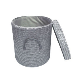 Strong Woven Round Lidded Laundry Storage Basket Bin Lined PVC Handle Dark Grey,Medium 30 x 32 cm