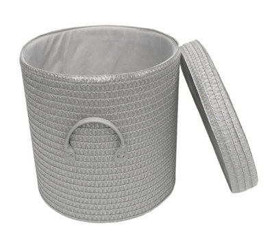 Strong Woven Round Lidded Laundry Storage Basket Bin Lined PVC Handle Light Grey,Extra Large 40 x 43 cm