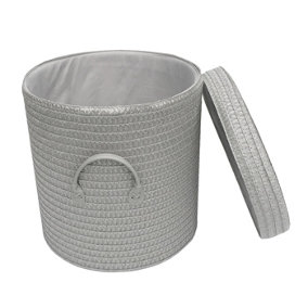 Strong Woven Round Lidded Laundry Storage Basket Bin Lined PVC Handle Light Grey,Extra Large 40 x 43 cm