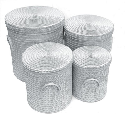 Strong Woven Round Lidded Laundry Storage Basket Bin Lined PVC Handle Light Grey,Extra Large 40 x 43 cm
