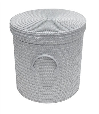 Strong Woven Round Lidded Laundry Storage Basket Bin Lined PVC Handle Light Grey,Large 35 x 37 cm lrg