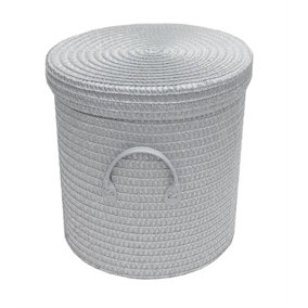 Strong Woven Round Lidded Laundry Storage Basket Bin Lined PVC Handle Light Grey,Large 35 x 37 cm lrg