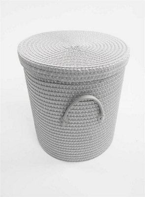 Strong Woven Round Lidded Laundry Storage Basket Bin Lined PVC Handle Light Grey,Small 25 x 27 cm