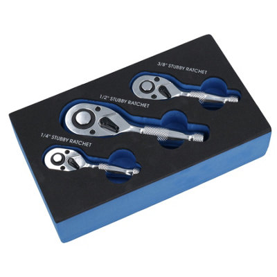 Stubby Ratchet Socket Driver 1/4in 3/8in + 1/2in Drive Reversible Quick Release DIY at B&Q