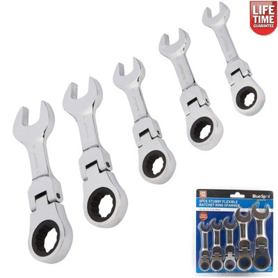 Stubby Ratchet Spanner Set Flexible Head Combination 10mm - 19mm BlueSpot 04314