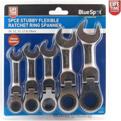 Stubby Ratchet Spanner Set Flexible Head Combination 10mm - 19mm BlueSpot 04314