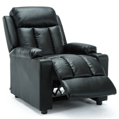 Studio Leather Recliner W Drink Holders Armchair Sofa Chair Cinema Gaming Black