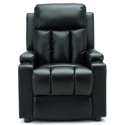 Studio Leather Recliner W Drink Holders Armchair Sofa Chair Cinema Gaming Black