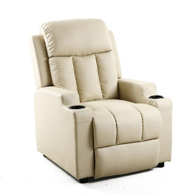 Studio Leather Recliner W Drink Holders Armchair Sofa Chair Cinema Gaming Cream