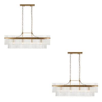 Stunning 2 Pack Antique Brass Ceiling Pendant Lights with Clear Glass Rods - Dimmable and Adjustable