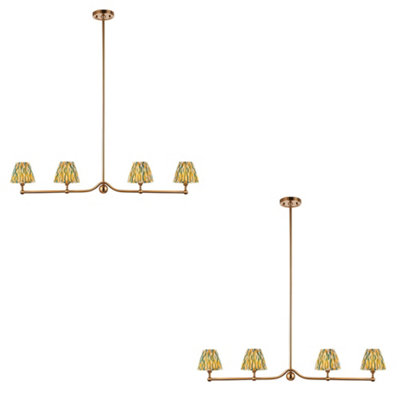 Stunning 2 Pack Hanging Ceiling Pendant Lights in Brushed Aged Brass with Vibrant Fabric Shades