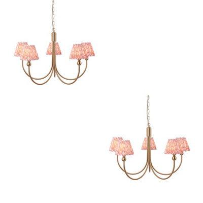 Stunning 2 Pack of Coral Pink Ceiling Pendant Lights in Aged Brass Finish