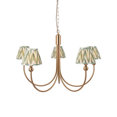 Stunning 5-Light Ceiling Pendant in Brushed Aged Brass with Cotswold Green Shades