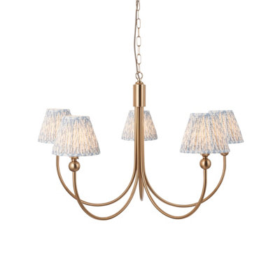 Stunning 5-Light Pendant Ceiling Lamp in Brushed Aged Brass with Shell Bay Blue Shades