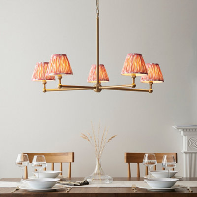 Stunning 5-Light Pendant Ceiling Light in Brushed Aged Brass with Coral Pink Shades