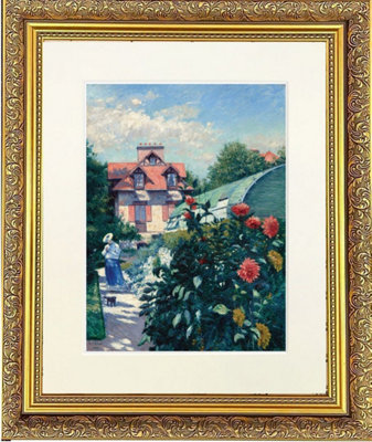 Stunning Dahlias Mounted & Framed Print in Elegant Gold Dahlia Frame - 14 x 12 Inches
