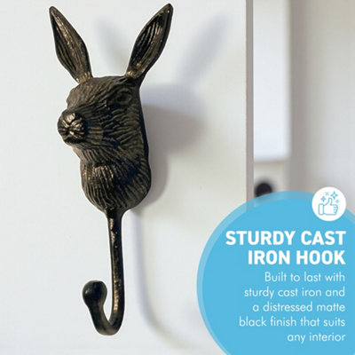 Sturdy Wall Mounted Cast Iron Rabbit Head Hook, Hanger for Hats, Coats ...