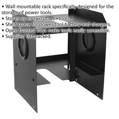 Sturdy Wall Mounted Twin Power Tool Storage Rack with Shelf for Chargers