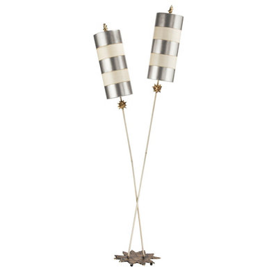 Stylish 2 Bulb Floor Lamp with Beige and Silver Leaf Striped Shades
