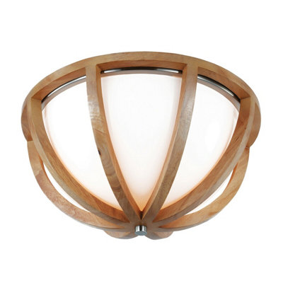 Stylish 2 Bulb Flush Light for Low Ceilings - Wood and Brushed Steel Finish