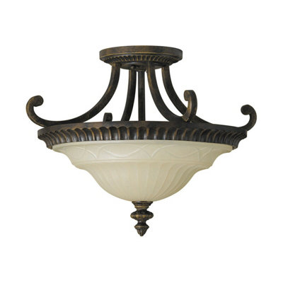 Stylish 2 Bulb Semi Flush Light with Walnut Finish and Glass Uplighter