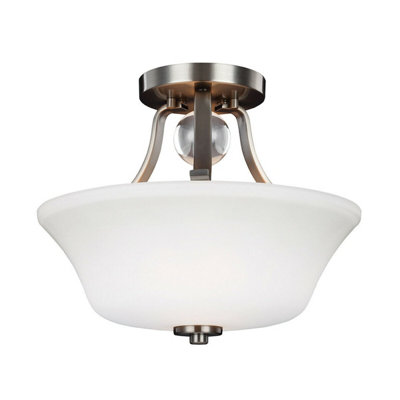 Stylish 2 Bulb Semi Flush Uplighter with Opal Etched Glass Shade in Satin Nickel Finish
