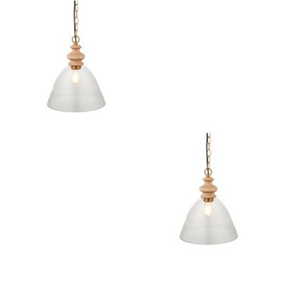 Stylish 2 Pack Adjustable Ceiling Pendant Lights - Natural Ash Wood and Brass Finish