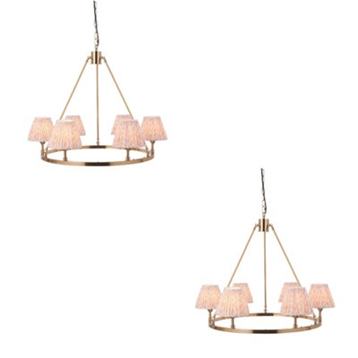 Stylish 2 Pack Aged Brass Ceiling Pendant Lights with Peach Fabric Shades
