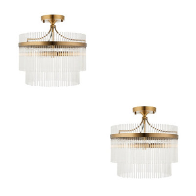 Stylish 2 Pack Antique Brass Semi Flush Ceiling Lights with Clear Glass Shade