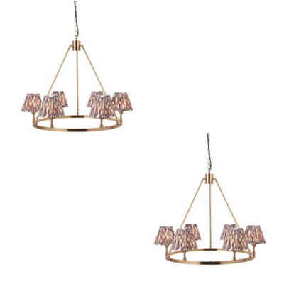 Stylish 2 Pack Ceiling Pendant Lights in Aged Brass and Pearl Grey Fabric
