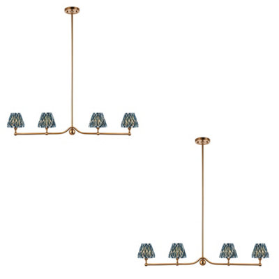Stylish 2 Pack Ceiling Pendant Lights in Brushed Brass and Blue Fabric Shades