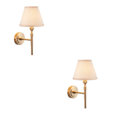 Stylish 2 Pack Dimmable Wall Lights in Aged Brass with Vintage White Shades