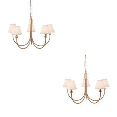 Stylish 2 Pack Hanging Ceiling Pendant Lights - Brushed Brass and Vintage White Fabric Shades
