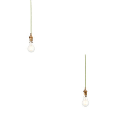 Stylish 2 Pack Hanging Ceiling Pendant Lights in Brushed Aged Brass with Green Fabric Cord
