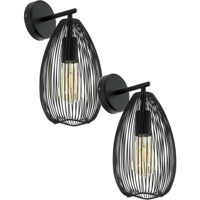 Stylish 2 Pack LED Wall Light Sconce with Black Steel Wire Cage Shade