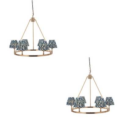 Stylish 2 Pack of Adjustable Ceiling Pendant Lights in Brushed Aged Brass and Marlin Blue Shades