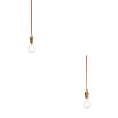 Stylish 2 Pack of Adjustable Hanging Pendant Lights in Brushed Aged Brass with Red Flex