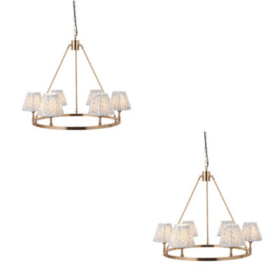 Stylish 2 Pack of Aged Brass Pendant Lights with Shell Bay Blue Shades